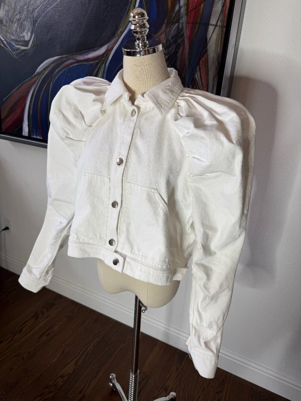 Naya Rea (London Designer) White Denim Jacket Dramatic Puff Shoulders Sz 10 M/L